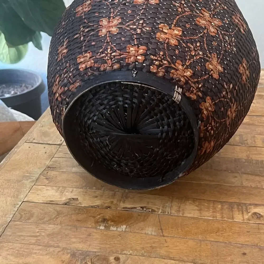 Chinese Woven Basket Round Brown Hand Painted Floral